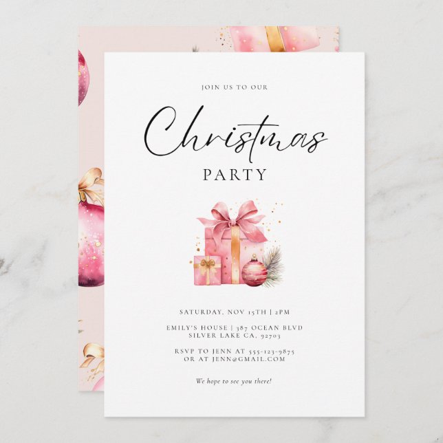 Convites Festa de Natal Pink Watercolor (Frente/Verso)