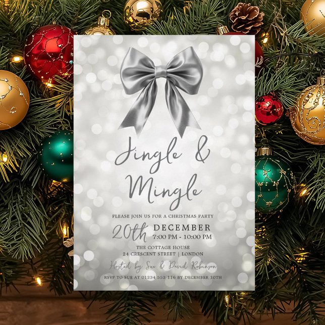 Convites Festa de Natal Prata Jingle Mingle Arco Bokeh (Silver Jingle Mingle Christmas Party Bow Bokeh Invitation)