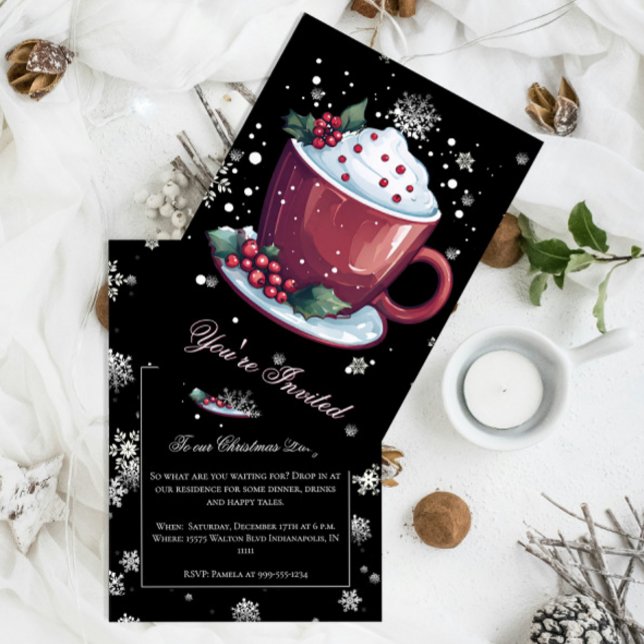 Convites Festa de Natal Preta do Feriado de Chocolate Quent (Christmas cup of hot chocolate holiday party invitation)