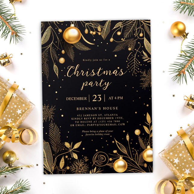 Convites Festa de Natal Preta e Dourada Férias (Christmas Black And Gold Holiday Party Invitation)