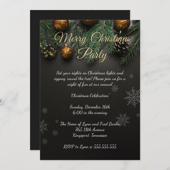 Convites Festa de Natal Preta Elegante (Frente/Verso)