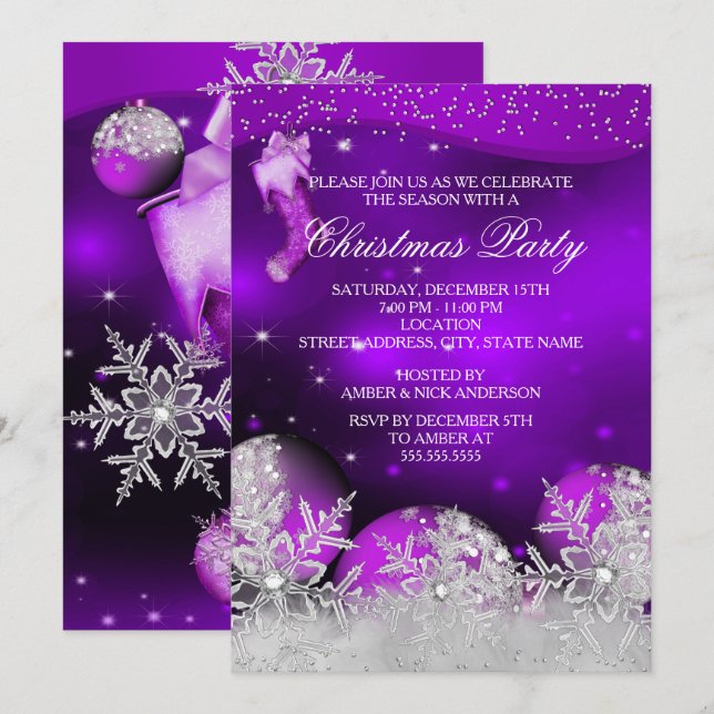 Convites Festa de Natal Purple Pink Crystal Snowflake (Frente/Verso)