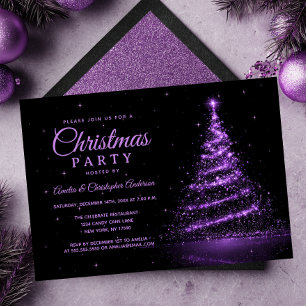Convites Festa de Natal Purple Sparkle Light Tree