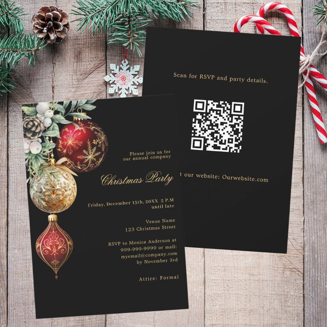 Convites Festa de Natal QR em ouro vermelho preto (Criador carregado)