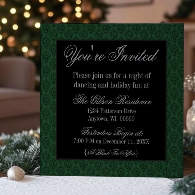 Convites Festa de Natal Radiant Damask Convidada, Verde Esc (Dark Green Radiant Damask Christmas Party Invitation)
