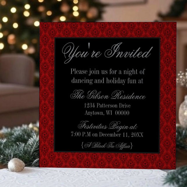 Convites Festa de Natal Radiante Damask, Convidado, Vermelh (Red Radiant Damask Christmas Party Invitation)