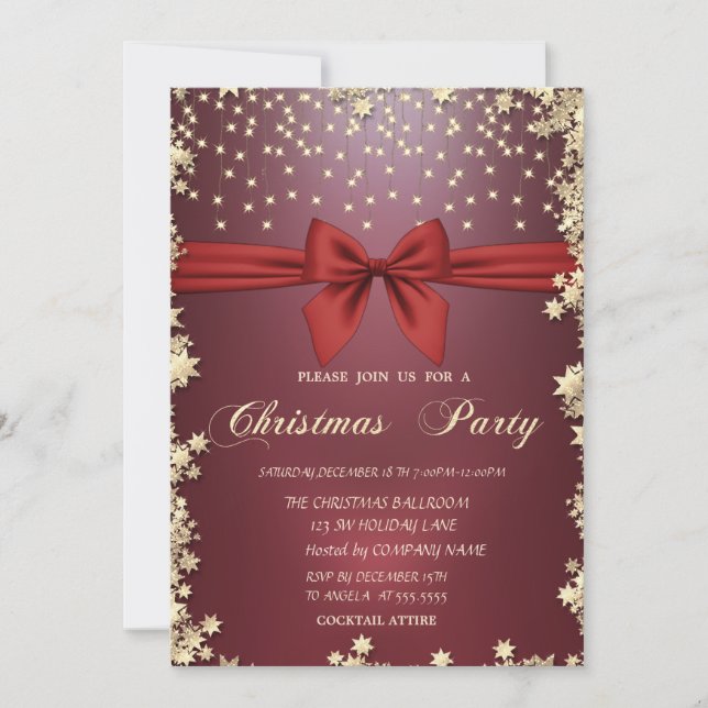 Convites Festa de Natal Red Bow Gold Stars (Frente)