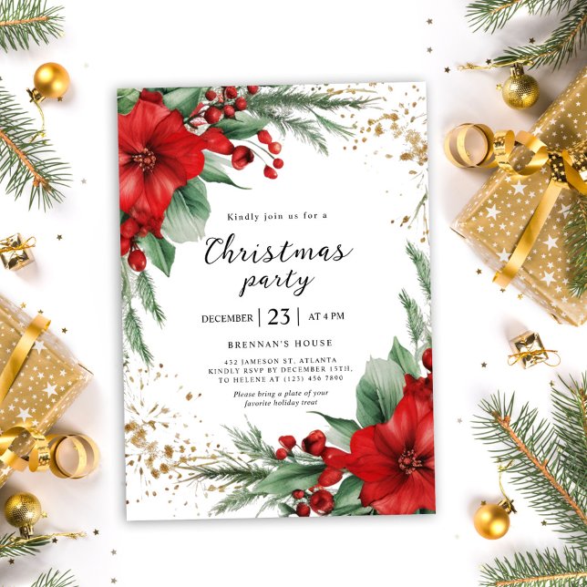 Convites Festa de Natal Red Holiday Greenery (Red Holiday Greenery Christmas Party Invitation)