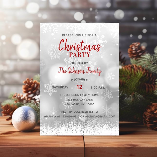 Convites FESTA DE NATAL Red Silver Flocos de Neve (CHRISTMAS PARTY Red Silver Snowflakes Snow Invitation)