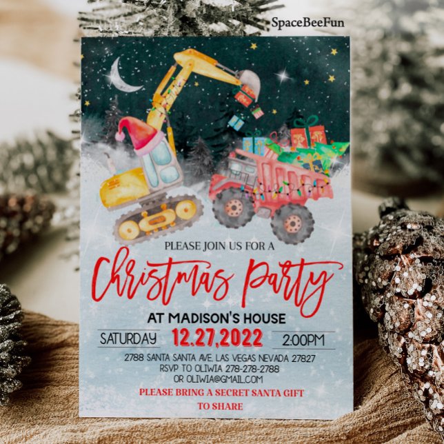 Convites Festa de Natal Red Truck Gift Construction Birthd (Christmas Party invites Red Truck Gift invitation Construction Birthday invitation Winter Christmas )