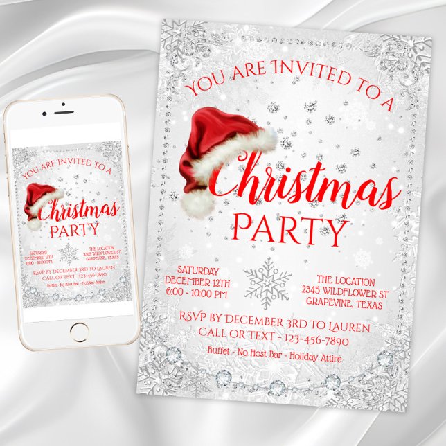 Convites Festa de Natal Red White Santa Hat Snowflake (Snowflake Christmas party invitation with Santa hat. Digital download and printed invitations.)