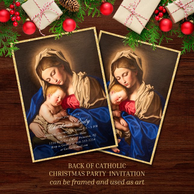 Convites Festa de Natal Religioso da Madona e da Criança (Religious Christmas party invitation with Madonna and Child in red and gold for Catholics)