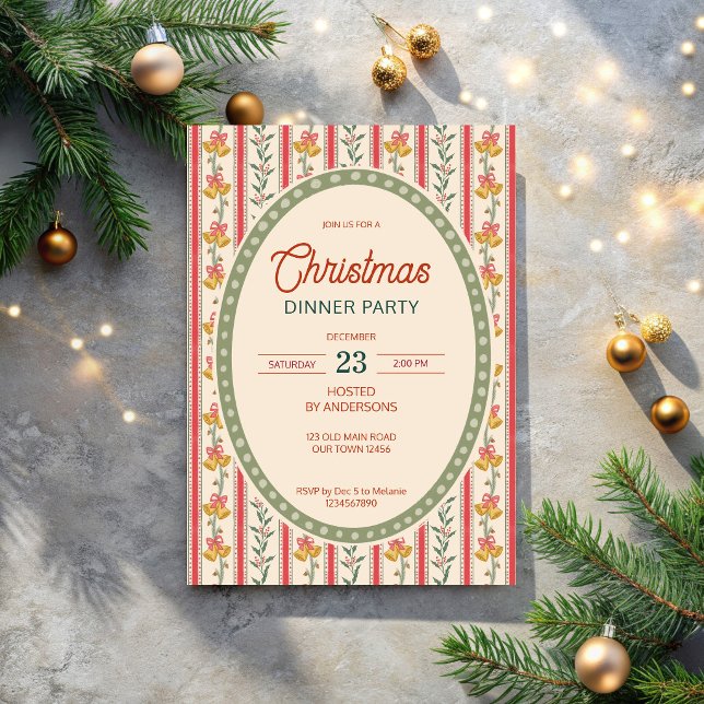 Convites Festa de Natal retrô com listras grandmilenial (Christmas vintage stripes with bells grand millennial dinner party invitation cards template)