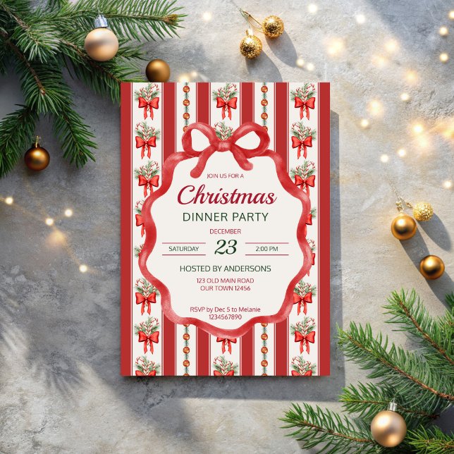 Convites Festa de Natal retrô com listras jantar de Natal d (Christmas dinner party invites retro grandmillenial stripes red dinner wavy bow border invites)