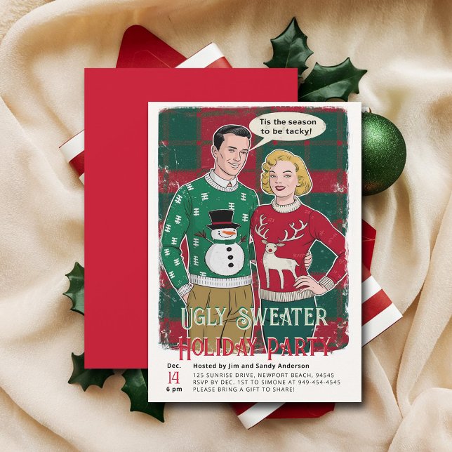 Convites Festa de Natal Retro Engraçada e Engraçada (vintage christmas party nvitation retro funny ugly sweater ad brunch couple family office)