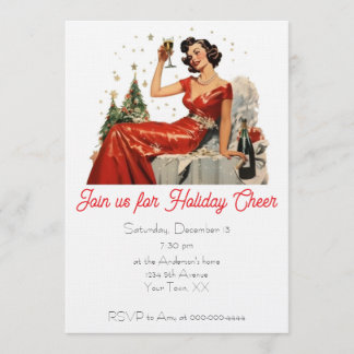 Convites Festa de Natal Retro Senhora dos Anos 50 Vermelha