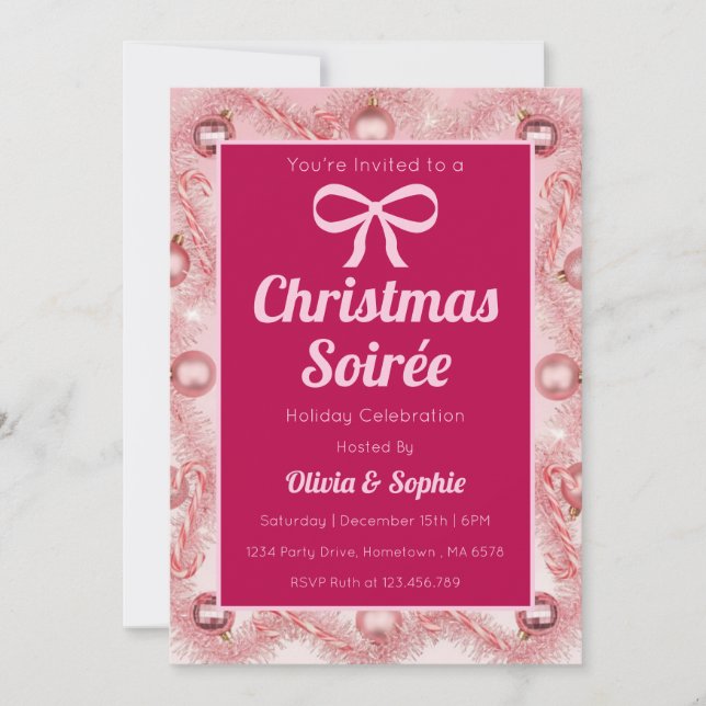 Convites Festa de Natal Rosa Personalizada com Estilo Retrô (Frente)