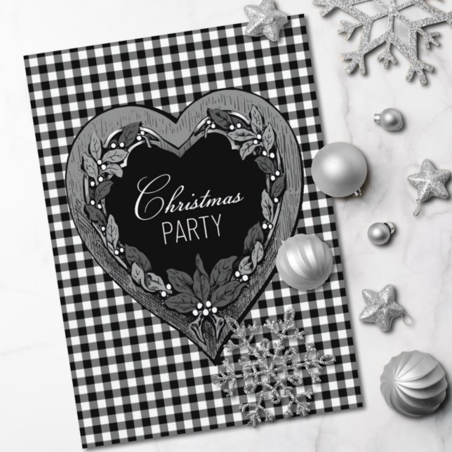 Convites Festa de Natal Rustic Black White Heart (Criador carregado)