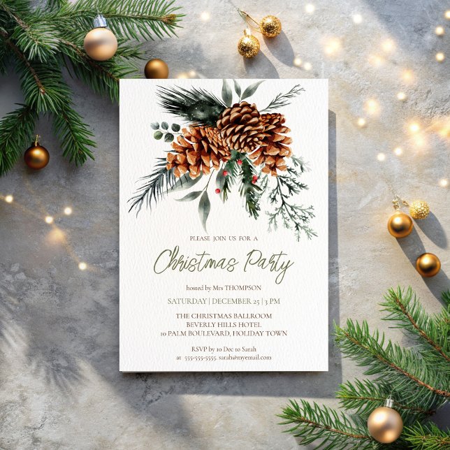 Convites Festa de Natal Rustic Botanic Boho (Rustic Botanical bohemian  Christmas Party Invitation template pinecones pines winter composition)