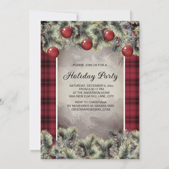 Convites Festa de Natal Rustic Buffalo Plaid Silver Gray  (Frente)