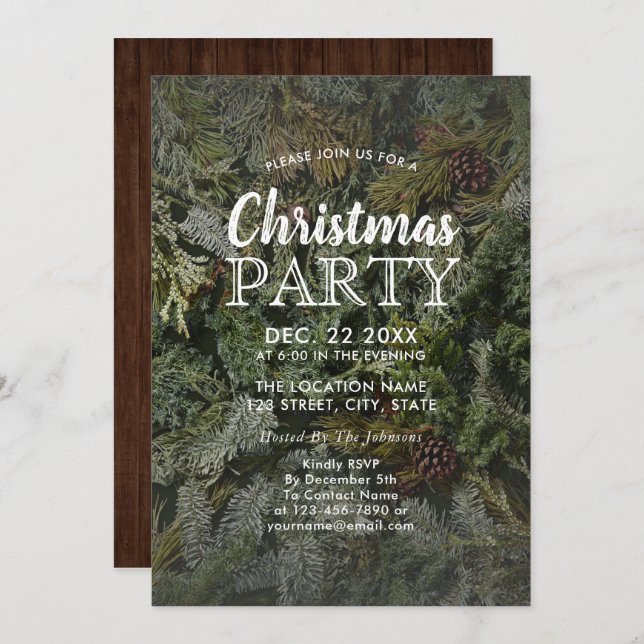Convites Festa de Natal Rustic Evergreen & Pine Branch (Frente/Verso)