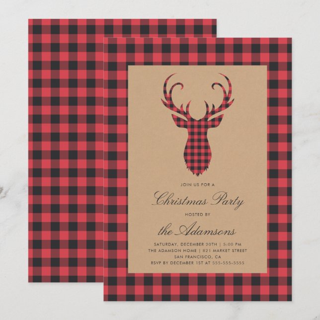 Convites Festa de Natal Rustic Tartan Xadrez Reindeer (Frente/Verso)
