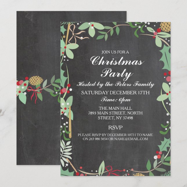Convites Festa de Natal Rustic Winter Chalk Foliage (Frente/Verso)