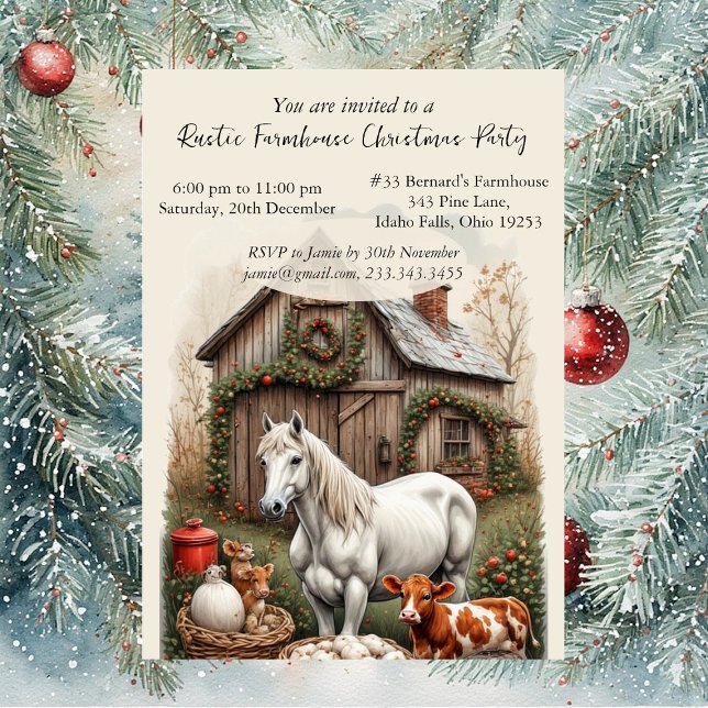 Convites Festa de Natal Rústica com Cavalo de Fazenda Vinta (Vintage Country Farm Horse Rustic Christmas Party Invitation)