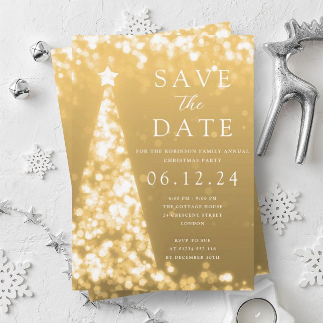 Convites Festa De Natal Salve O Glama Da Árvore Dourada Da  (Christmas Party Save The Date Gold Tree Glam Invitation)