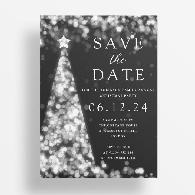 Convites Festa De Natal Salve O Vidro Da Árvore De Prata De (Christmas Party Save The Date Silver Tree Glam Invitation)