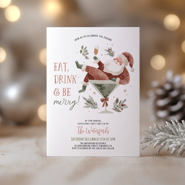 Convites Festa de Natal Santa Martini  (Eat Drink & Be Merry! A fun Christmas Party invite with Santa in a Martini Glass )