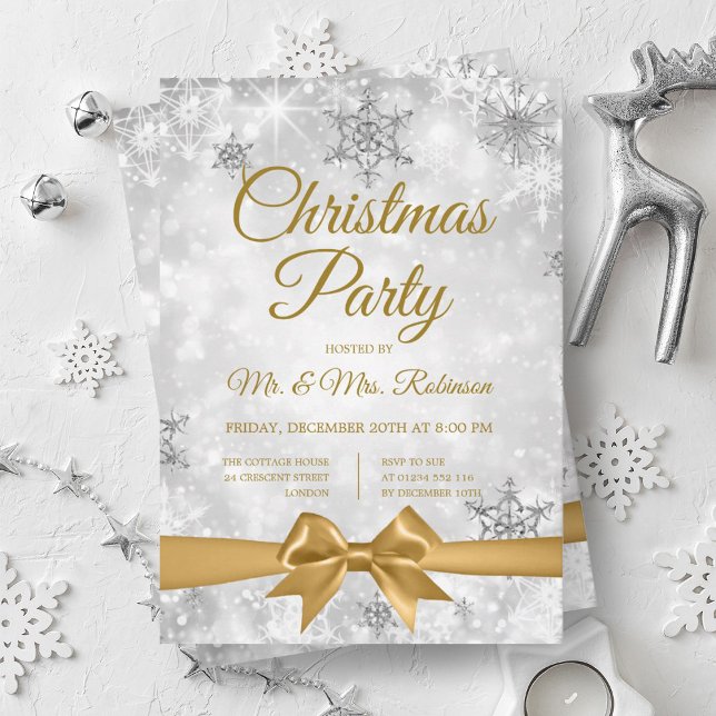 Convites Festa de Natal Silver Winter Sparkle Dourada Ribbo (Christmas Party Silver Winter Sparkle Gold Ribbon Invitation)