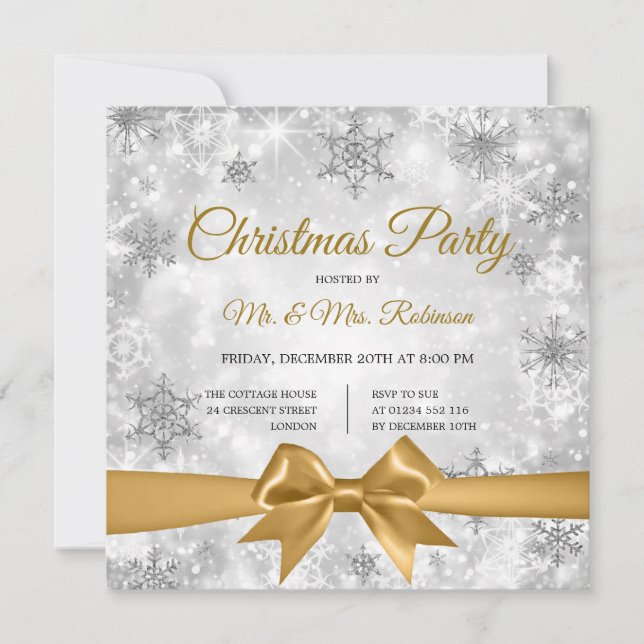 Convites Festa de Natal Silver Winter Sparkle Dourada Ribbo (Frente)