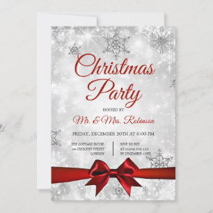 Convites Festa de Natal Silver Winter Sparkle Red Ribbon
