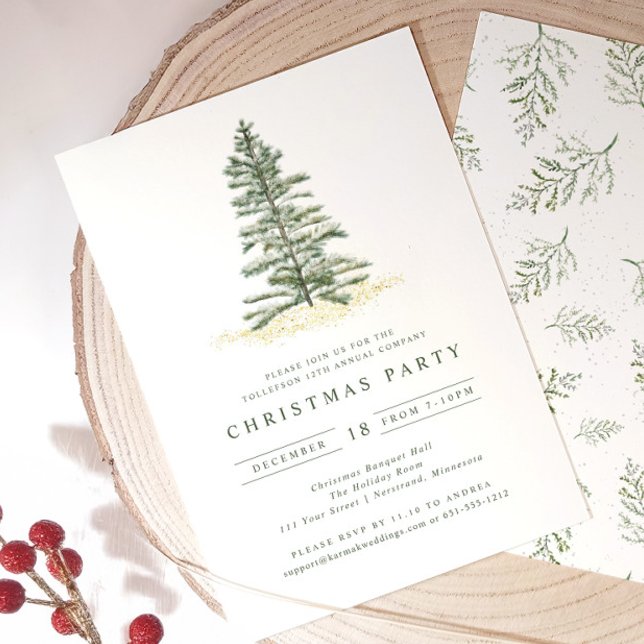 Convites Festa de Natal Simples Vintage Evergreen (Elegant vintage christmas tree holiday party invitation)