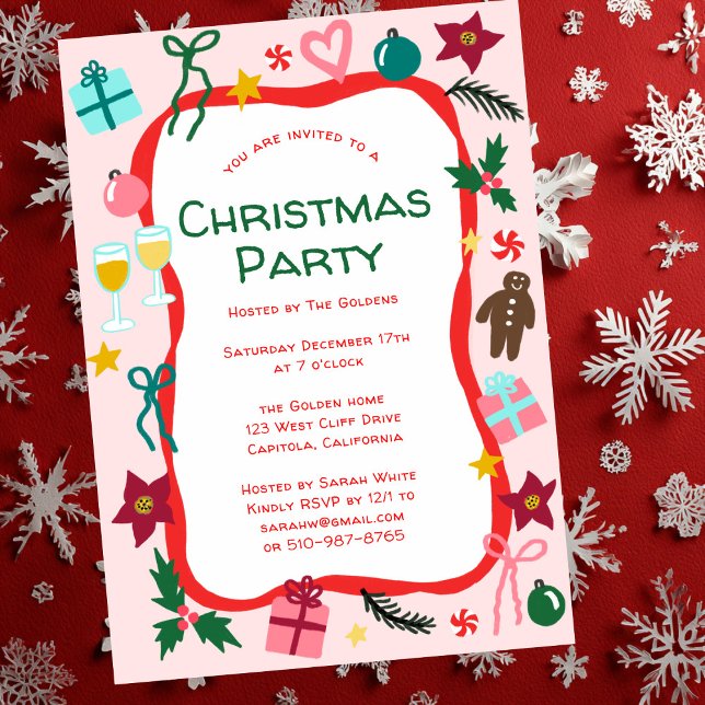 Convites Festa de Natal Timísical CLIENTE (Quirky Whimsical Christmas Doodle Hand-drawn Pink CUSTOM Holiday Party Invitation
)