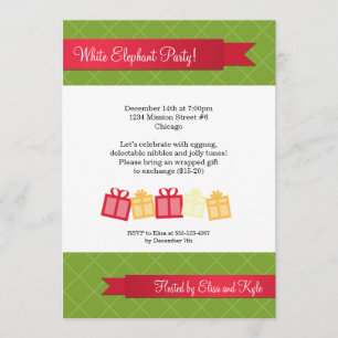 Convites Festa de Natal verde com fita vermelha para troca 