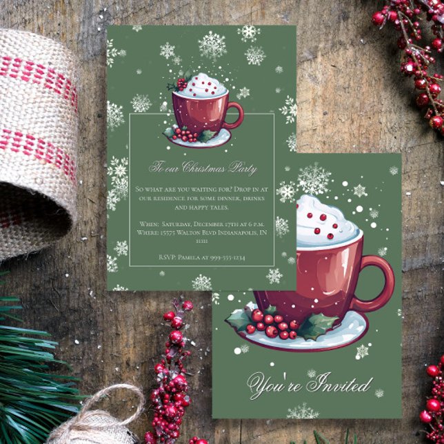 Convites Festa de Natal Verde do Feriado de Chocolate Quent (Green Christmas Cup of Hot Chocolate Party Invitation)