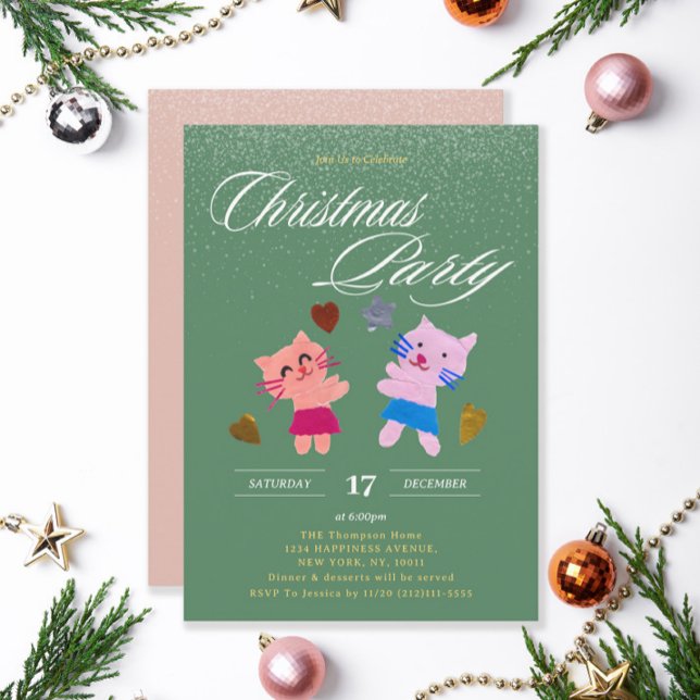 Convites Festa de Natal verde para gatos festivos (Criador carregado)