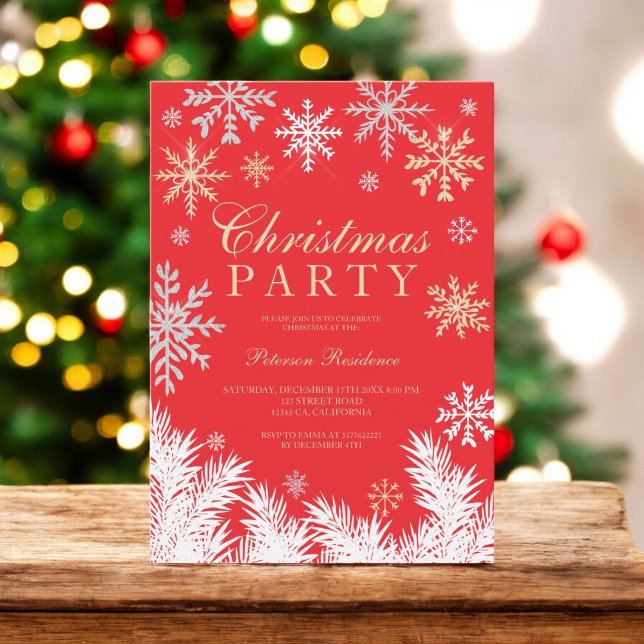Convites Festa de natal vermelha de pinheiro com floco de n (Modern snowflake pine red winter Christmas party Invitation)