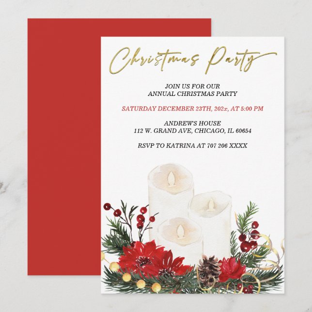 Convites Festa de Natal Vermelha e Dourada Imprimível (Frente/Verso)