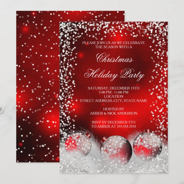Convites Festa de Natal Vermelho Branco Bolha de Neve (Frente/Verso)