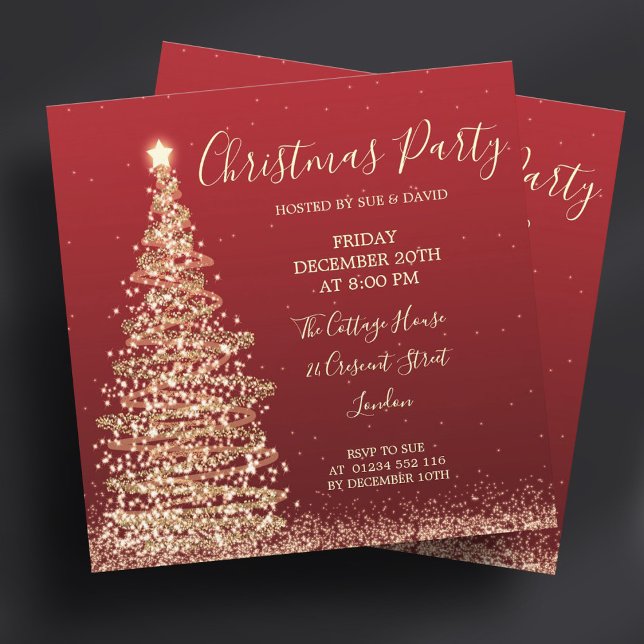 Convites Festa de Natal Vermelho da Árvore da Lente (Elegant Glitter Tree Red Christmas Party Invitation)