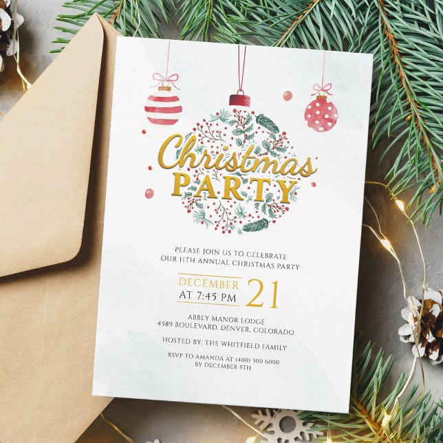 Convites Festa de Natal Vermelho e Dourado (Christmas Holidays Baubles Modern Party Invitation)