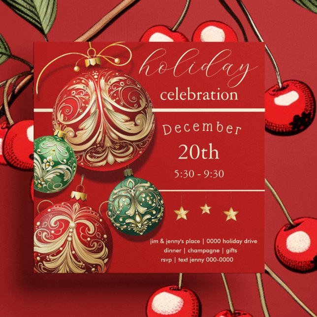 Convites Festa de Natal Vermelho e Verde (Red and green Christmas ornament Holdiay party and celebration invitation)