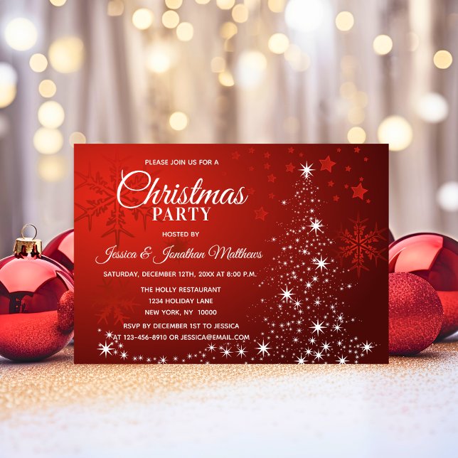 Convites FESTA DE NATAL Vermelho Flocos de Neve Brancos Flo (Red CHRISTMAS PARTY White Snowflakes Tree Sparkle Invitation)