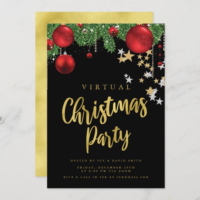 Convites Festa de Natal Vermelho Negro, Dourado VIRTUAL (Frente/Verso)