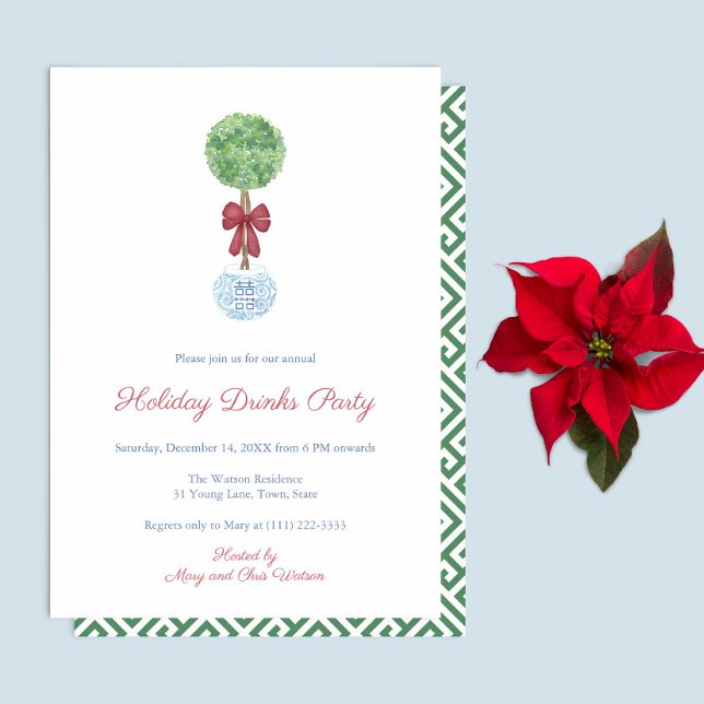 Convites Festa de Natal Vermelho Verde, em Árvore de pré-di (Preppy Boxwood topiary with red bow Holiday Drinks Party Invite. Reverse is green white greek key)