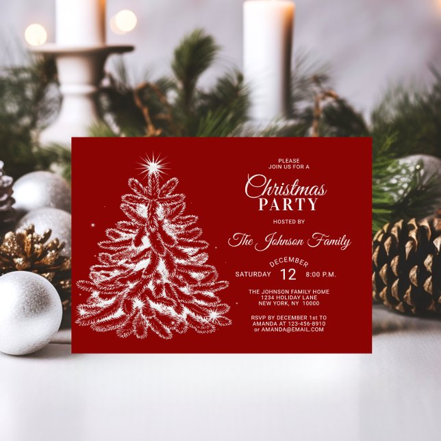 Convites FESTA DE NATAL Vermelho White Stars Pine Tree (CHRISTMAS PARTY Red White Stars Pine Tree Invitation)