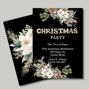 Convites Festa de Natal Vintage Black and Dourado Greenery